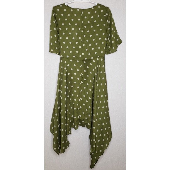 Chriselle Lim Dress Sz XL Green with Cream Polka Dot Asymmetrical Hem Belted NWT - Picture 3 of 8